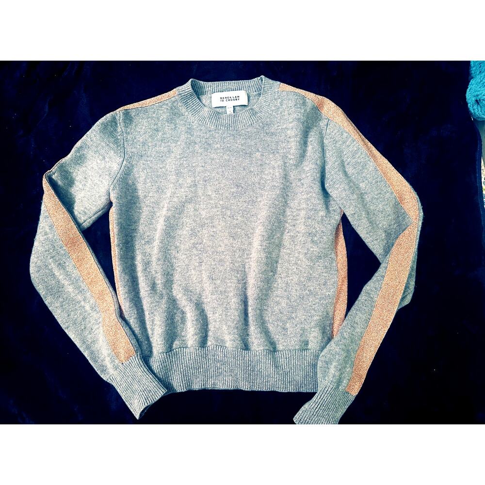 DEREK LAM 10 CROSBY GRAY CASHMERE WOOL BLEND ROSE GOLD METALLIC STRIPE SWEATER